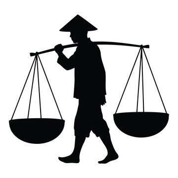 Man in traditional asian conical hat carrying large balance scales on shoulder walking isolated on transparent background