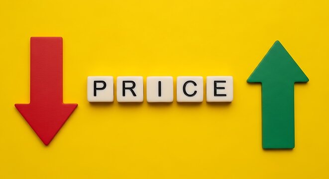 A creative concept showing a price increase and decrease with arrows on a yellow background