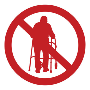 Red circle prohibition sign with silhouette of a disabled person on a walker  accessibility restriction symbol  no walking aid allowed