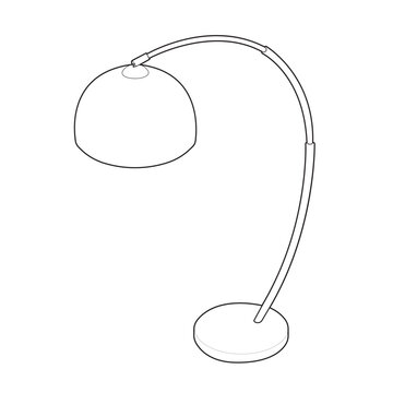 Isometric mid century modern arc floor lamp and dome shade luminaire linear drawing