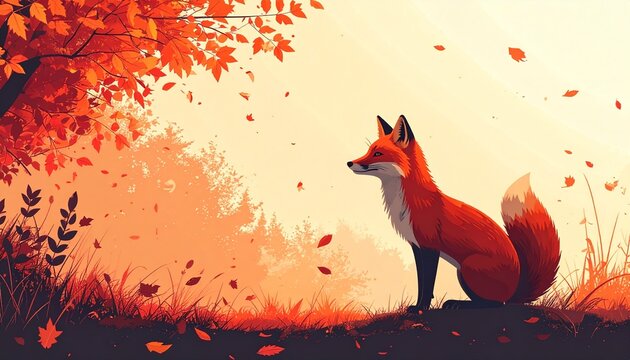 Flat design illustration of a fox silhouette and autumn leaves on the left with a mas