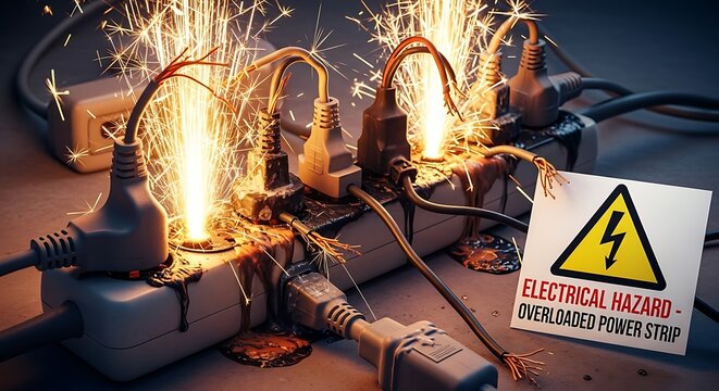 Overloaded power strip with sparks and electrical hazard warning sign