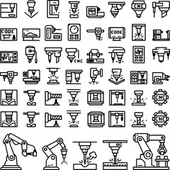 Fototapeta premium cnc machine workshop equipment icons blueprint style line vector pack