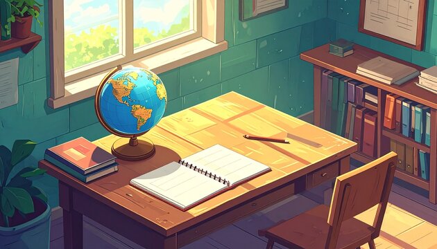 Isometric classroom desk illustration with a globe and notebook on the left and a vas