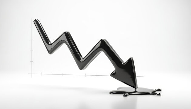 Oil price chart downward arrow black oil market decline financial crisis energy stock market commodity trend recession, glossy zigzag arrow plunging into oil spill white background, dramatic