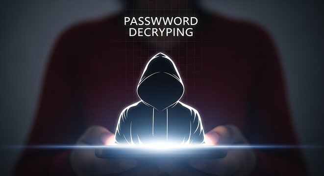 A hooded figure is shown decrypting a password in a dark and mysterious setting.