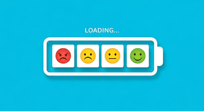 A battery icon with different emotional faces loading on a blue background