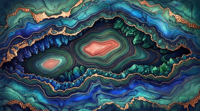 Abstract agate geode with vibrant blue, green, and gold crystalline layers and a soft pink center.