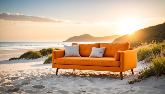 Vibrant orange couch on sandy beach.