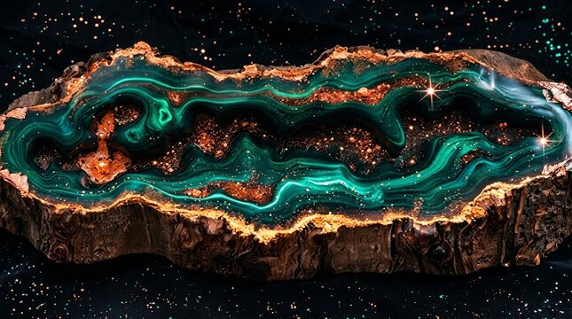 Vibrant emerald green malachite geode revealing sparkling crystal interior against dark starry background