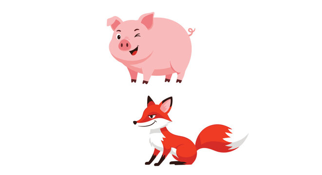 Two charming animal characters including a winking pink pig and a sly red fox sit together on a plain white background.