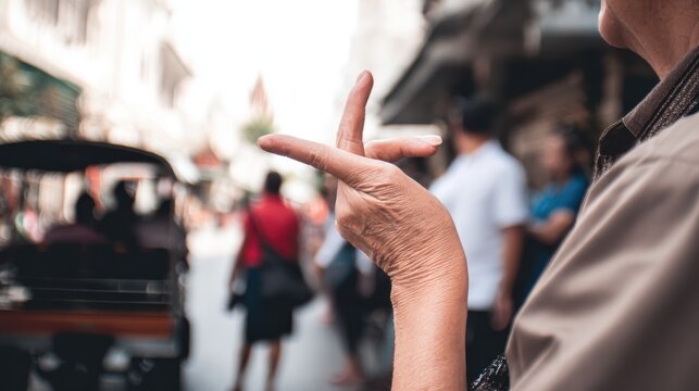 Tourist using hand gestures to ask a local for directions, genuine human interaction, street photography style