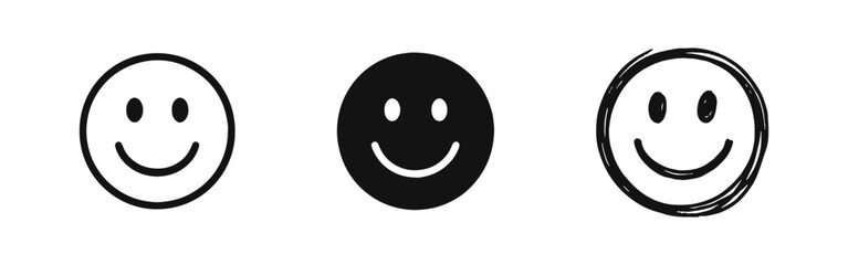 Obraz premium Happy Smiley Face Icons - Positive Customer Feedback and Emotion Symbols in Three Graphic Styles