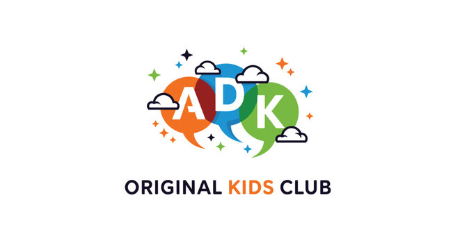 Logo for Original Kids Club featuring the letters ADK inside colorful speech bubbles with clouds and stars for a playful brand.