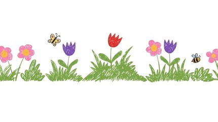 Naklejka premium Charming hand-drawn illustration of colorful spring flowers, grass, and playful insects.