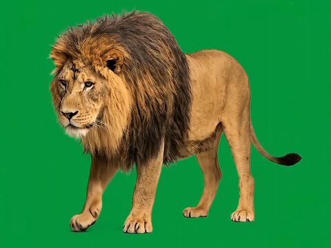 lion on a green screen background, powerful lion isolated on chroma key green, majestic male lion standing on green screen background, lion walking pose