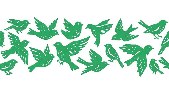 A vibrant border of green birds in various flight poses, creating a lively natural pattern.