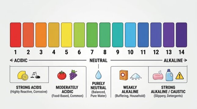 Visual pH scale showing acidic, neutral, and alkaline ranges with corresponding color indicators and examples.