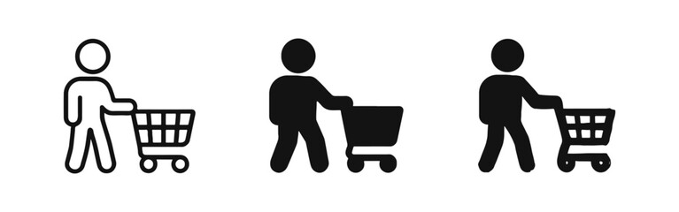 Customer Shopping with Grocery Cart Icon Set Representing Retail Consumer Behavior and Supermarket Purchase © ICONS FOR YOU