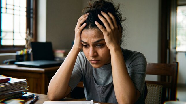 A South Asian woman sits at a desk holding her head with both hands, showing signs of stress and mental overload. Scene represents anxiety, burnout, and emotional pressure in daily life.