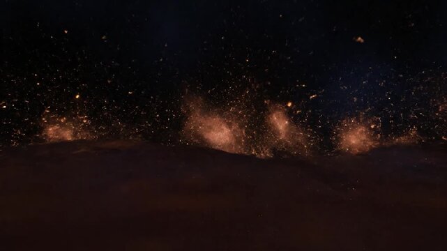 Abstract flowing lava river with glowing blue and orange light at night.