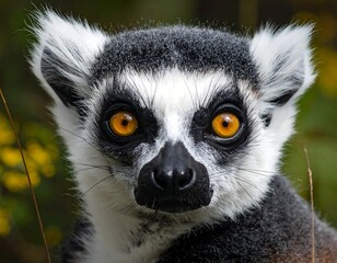 Fototapeta premium A close-up of a lemur's face with large orange eyes