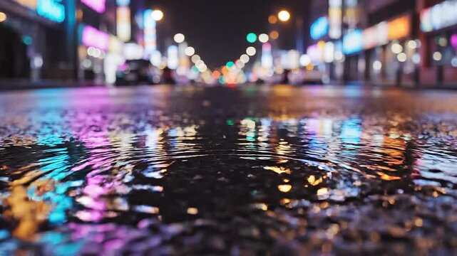 Wet City Street at Night With Neon Reflections and Moody Urban Bokeh Lighting