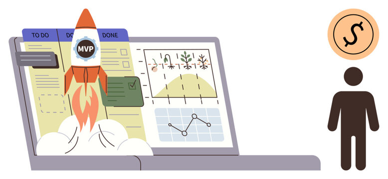Business growth, startup planning, agile workflows, productivity, financial strategies, innovation. Rocket launching from laptop with task board and charts. Business growth and startup planning