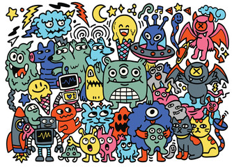 Obraz premium Colorful monster doodle, cartoon alien, happy robot, cute animal, fantasy creature, playful art