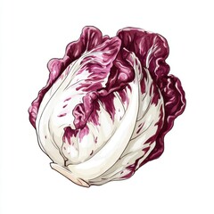 Obraz premium Fresh Radicchio Lettuce With Deep Red and White Leaves Isolated on White Background Detailed Food Illustration
