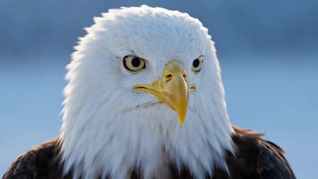 A close-up video of a majestic bald eagle looking directly at the camera