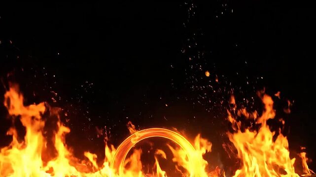 Fiery flames and a glowing ring of fire against a dark background, abstract illustration