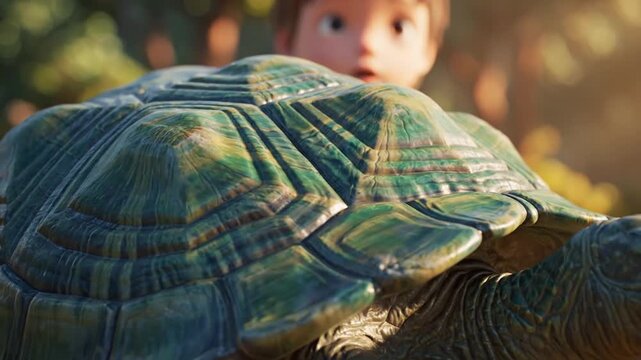 3D animated close up of a turtle with a textured green shell and a blurred boy character looking at the animal in a sunny outdoor park setting for nature and childhood concept