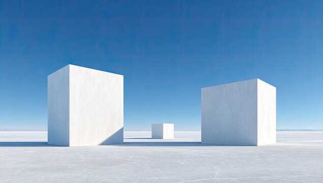 Minimalist composition featuring three white concrete cubes against a clear blue sky and a vast, flat, white landscape.