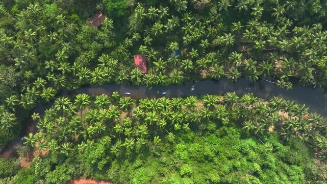 Drone shot Cola Beach Goa backwaters with boats and serene lagoon
