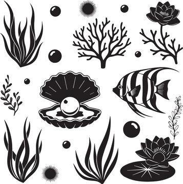 Underwater ocean life collection featuring tropical fish pearl in shell coral and seaweed elements for marine themed illustrations.