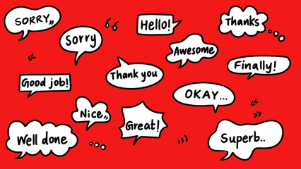 Hand-Drawn Speech Bubbles with Positive Words and Greetings on Red Background - Hello, Thanks, Sorry, Awesome, Great, Finally, Superb - Illustration © Athifa