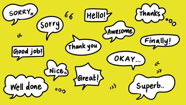 Hand-drawn speech bubbles with positive messages like "hello," "awesome," and "superb" on bright yellow background.