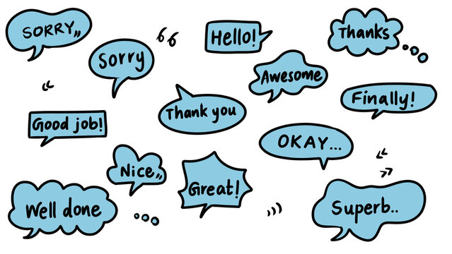 Cartoon Speech Bubbles with Positive Words and Phrases: Awesome, Thanks, Sorry, Hello, Great, Good Job, Superb, Well Done, Finally!, Thank You, Okay, Nice - Transparent PNG.