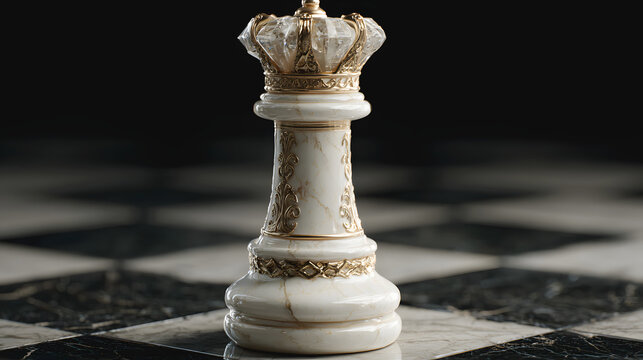 Antique chess rook piece on marble board with decorative metallic details