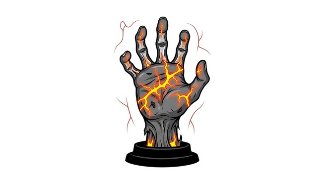 Illustration of a mystical stone hand with fiery cracks emerging from a dark pedestal base.