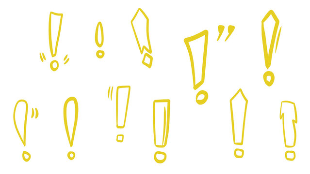 Transparent Doodle Exclamation Marks Set: Hand-Drawn Yellow Attention Sign Icons for Emphasis and Warning Symbols, Isolated on White Background