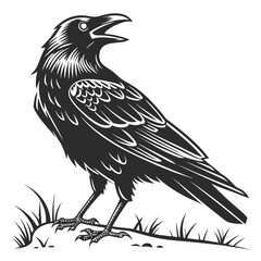Obraz premium Graphic illustration of a black raven standing on grass with an open beak