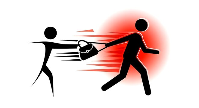 A stick figure thief snatching a handbag from another person in a fast and blurred motion