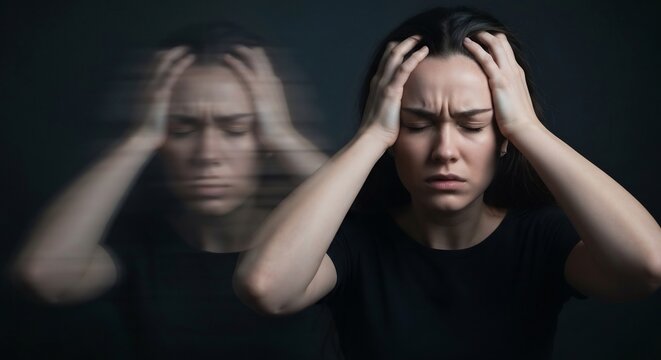 Stressed woman with multiple reflections showing anxiety.