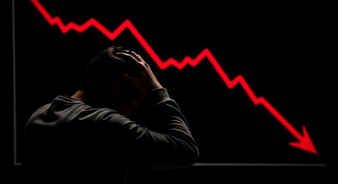 A stressed man sitting in front of a declining red graph line on a black background