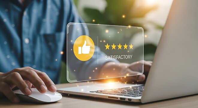 A person giving a satisfactory rating on a laptop with a thumbs up icon