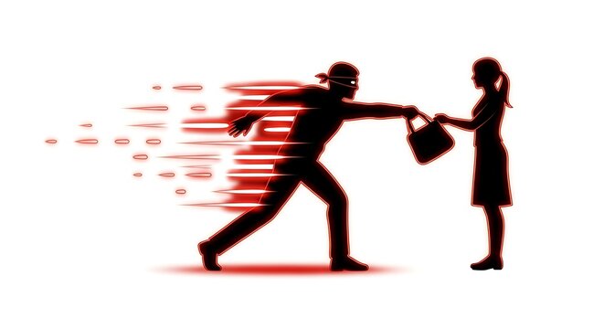 Silhouette of a thief snatching a purse from a woman with motion blur effects on white background.