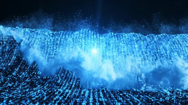 Glowing Blue Binary Code Wave Crashing in Cyberspace on Black Background, representing big data, network streaming