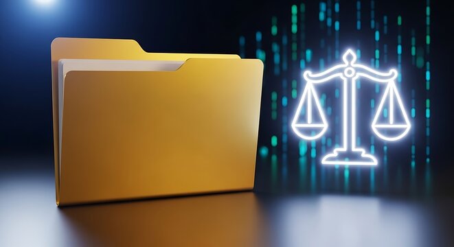 A yellow file folder with a glowing digital scale of justice in the background, symbolizing law and technology.